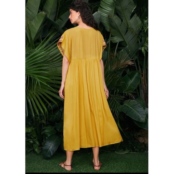 Bohemian Mulvari Embroidery Yoke Maxi Dress Women’s Medium Yellow Gold New Boho - Picture 4 of 6